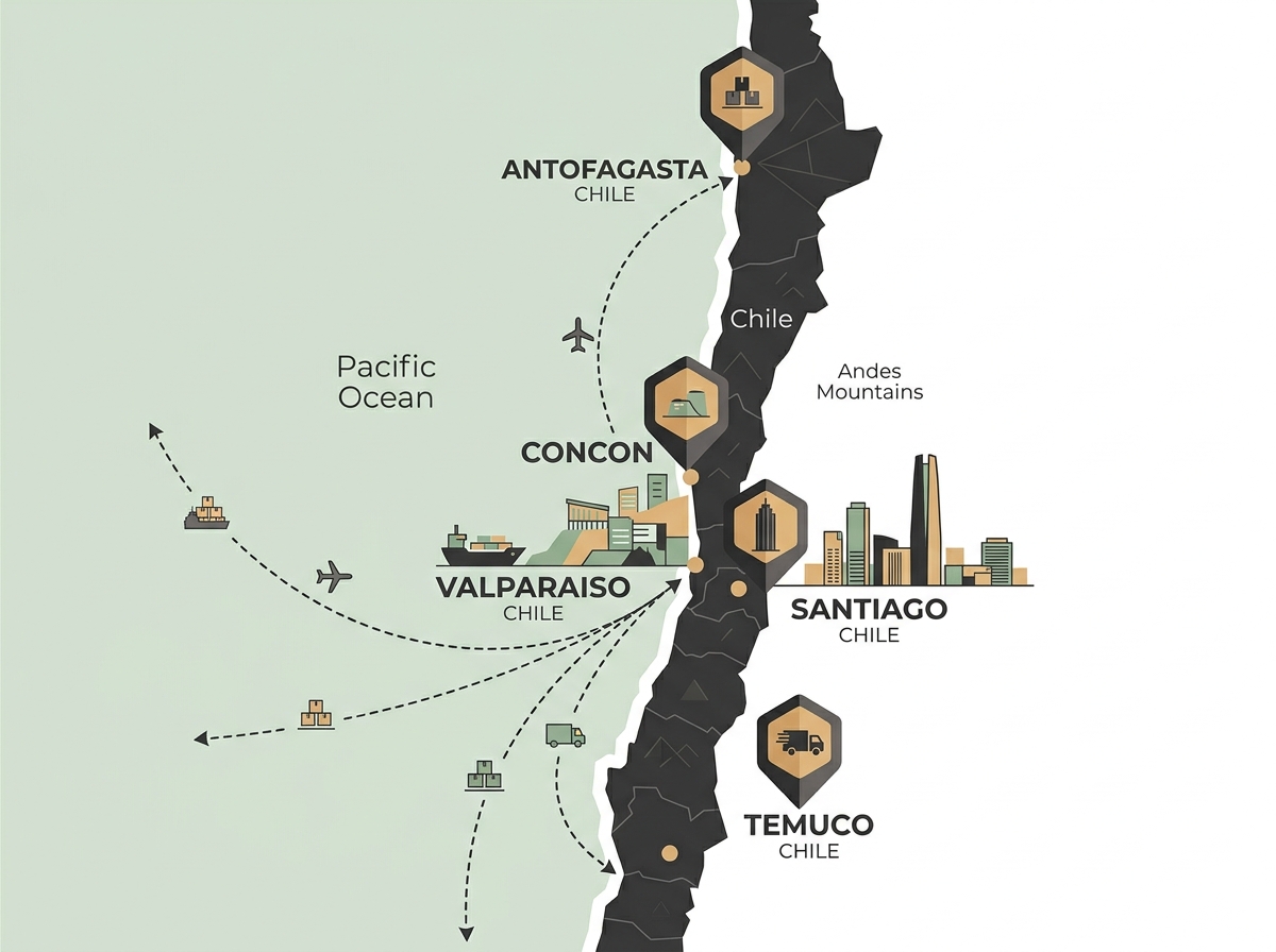 Mapa de cobertura y rutas de despacho de Puertas Marbella en Chile